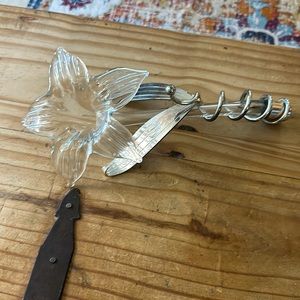 Vintage Clear Blown Glass Trumpet Lily Flower / Bud / Stem Vase In Silver Plate.